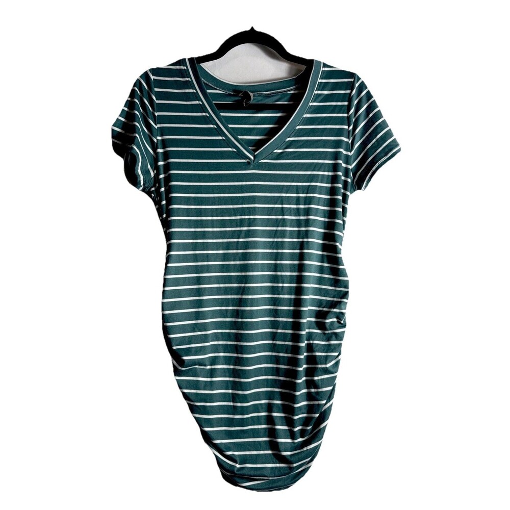 Full Moon Maternity Shirt Women's Medium Green Striped Gathered Sides for Baby